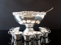 Vintage XL Silver Plate Floral Punch Bowl Set With 9 Cups And Ladle Silver And Silverplate