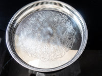 Vintage Round Silver Plate Serving Tray Feet Pierced Rim Gallery Tray Trays