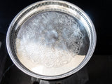 Vintage Round Silver Plate Serving Tray Feet Pierced Rim Gallery Tray Trays