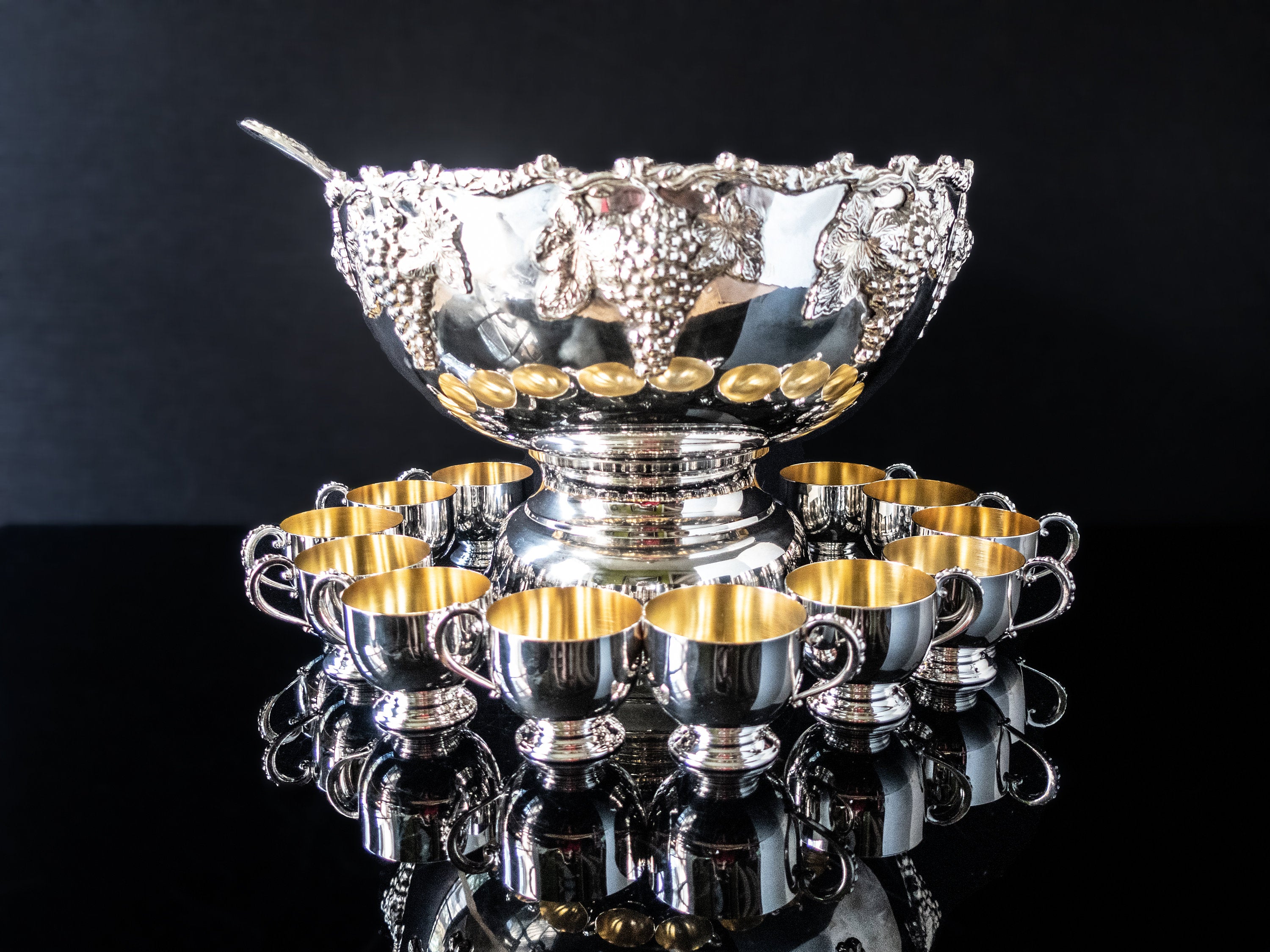 Vintage XL Silver Plate Grapes Punch Bowl Set With 12 Cups And Ladle –  InventifDesigns