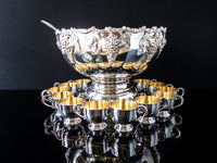 Vintage XL Silver Plate Grapes Punch Bowl Set With 12 Cups And Ladle