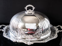 XL Antique Silver Plate Meat Dome Food Cloche Hand Chased London