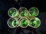 Vintage Green And Gold Striped Crystal Decanter With 6 Glasses Blown Glass Romanian Mid Century Modern