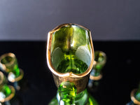 Vintage Green And Gold Striped Crystal Decanter With 6 Glasses Blown Glass Romanian Mid Century Modern