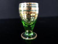 Vintage Green And Gold Striped Crystal Decanter With 6 Glasses Blown Glass Romanian Mid Century Modern