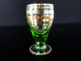Vintage Green And Gold Striped Crystal Decanter With 6 Glasses Blown Glass Romanian Mid Century Modern