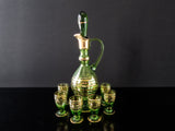 Vintage Green And Gold Striped Crystal Decanter With 6 Glasses Blown Glass Romanian Mid Century Modern