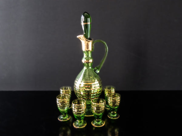 Vintage Green And Gold Striped Crystal Decanter With 6 Glasses Blown Glass Romanian Mid Century Modern