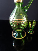 Vintage Green And Gold Striped Crystal Decanter With 6 Glasses Blown Glass Romanian Mid Century Modern