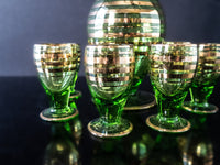Vintage Green And Gold Striped Crystal Decanter With 6 Glasses Blown Glass Romanian Mid Century Modern