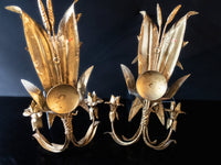 Vintage Pair Italian Gilt Sconces Candle Holders Tole Wheat Stalk