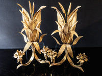 Vintage Pair Italian Gilt Sconces Candle Holders Tole Wheat Stalk