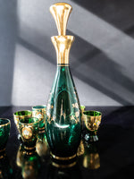 Vintage Green and Gold Murano Crystal Decanter With 7 Glasses