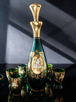 Vintage Green and Gold Murano Crystal Decanter With 7 Glasses