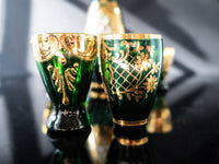 Vintage Green and Gold Murano Crystal Decanter With 7 Glasses
