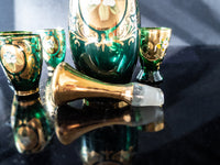 Vintage Green and Gold Murano Crystal Decanter With 7 Glasses