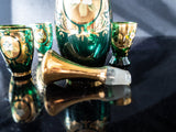 Vintage Green and Gold Murano Crystal Decanter With 7 Glasses