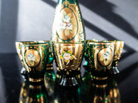 Vintage Green and Gold Murano Crystal Decanter With 7 Glasses