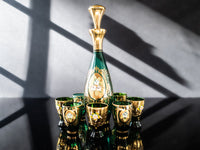 Vintage Green and Gold Murano Crystal Decanter With 7 Glasses