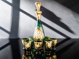 Vintage Green and Gold Murano Crystal Decanter With 7 Glasses