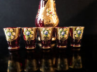 Gorgeous Vintage Ruby Red And Gold Murano Crystal Decanter With 5 Glasses 24 Kt Gilded Hand Painted