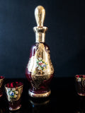Gorgeous Vintage Ruby Red And Gold Murano Crystal Decanter With 5 Glasses 24 Kt Gilded Hand Painted
