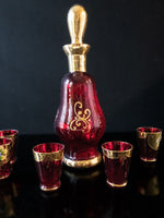 Gorgeous Vintage Ruby Red And Gold Murano Crystal Decanter With 5 Glasses 24 Kt Gilded Hand Painted