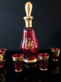 Gorgeous Vintage Ruby Red And Gold Murano Crystal Decanter With 5 Glasses 24 Kt Gilded Hand Painted