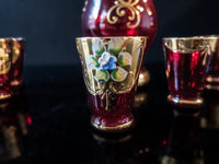 Gorgeous Vintage Ruby Red And Gold Murano Crystal Decanter With 5 Glasses 24 Kt Gilded Hand Painted