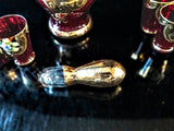 Gorgeous Vintage Ruby Red And Gold Murano Crystal Decanter With 5 Glasses 24 Kt Gilded Hand Painted