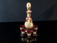 Gorgeous Vintage Ruby Red And Gold Murano Crystal Decanter With 5 Glasses 24 Kt Gilded Hand Painted