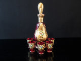 Gorgeous Vintage Ruby Red And Gold Murano Crystal Decanter With 5 Glasses 24 Kt Gilded Hand Painted