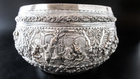 Large Burmese Myanmar Silver Offering Bowl Repousse Vessantara Jataka Art Objects