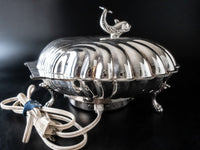 Vintage Electric Silver Plate Shell Shaped Bun Warmer With Koi Fish Finial Dining & Serving