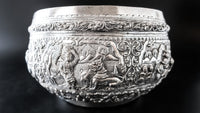 Large Burmese Myanmar Silver Offering Bowl Repousse Vessantara Jataka Art Objects