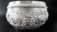 Large Burmese Myanmar Silver Offering Bowl Repousse Vessantara Jataka Art Objects