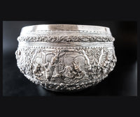Large Burmese Myanmar Silver Offering Bowl Repousse Vessantara Jataka Art Objects