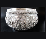 Large Burmese Myanmar Silver Offering Bowl Repousse Vessantara Jataka Art Objects