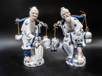 Vintage Chinoiserie Statues Blue And White Porcelain 14" Man Woman Pair Statues