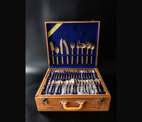 Vintage Bamboo Nickel Bronze 92 Piece Flatware Set 8 Place Settings Wood Case Flatware & Silverware