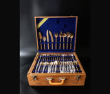 Vintage Bamboo Nickel Bronze 92 Piece Flatware Set 8 Place Settings Wood Case Flatware & Silverware