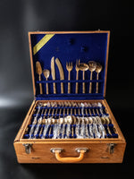 Vintage Bamboo Nickel Bronze 92 Piece Flatware Set 8 Place Settings Wood Case Flatware & Silverware