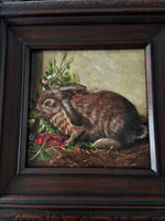 Framed Small Oil Painting Rabbit And Flowers Antique Style Hand Painted Painting