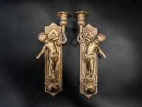 Pair Bronze Cherub Wall Sconces Candle Holders Sconces