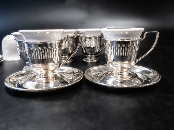 Antique Silver Plate And Porcelain Demitasse Cups Set of 11 E & J Bass Tea Cups & Sets
