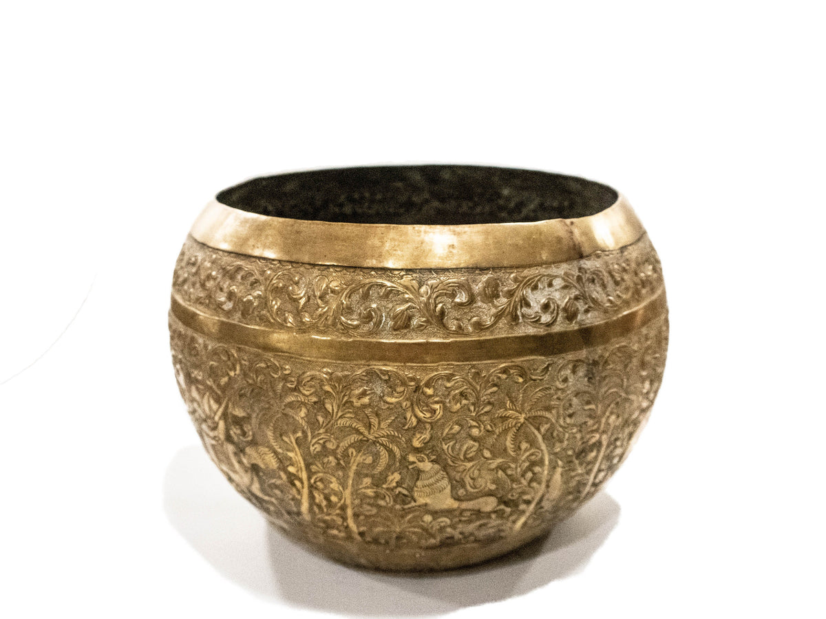 Asian Brass Hand Etched Offering Bowl Jardiniere InventifDesigns