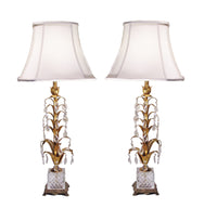 Vintage Pair Italian Tole Lamps Gold With Crystals 24K Table Lamps