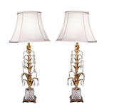 Vintage Pair Italian Tole Lamps Gold With Crystals 24K Table Lamps
