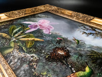 Gilded Framed Oil Painting Cattleya Orchid And 3 Hummingbirds Antique Style