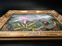 Gilded Framed Oil Painting Cattleya Orchid And 3 Hummingbirds Antique Style